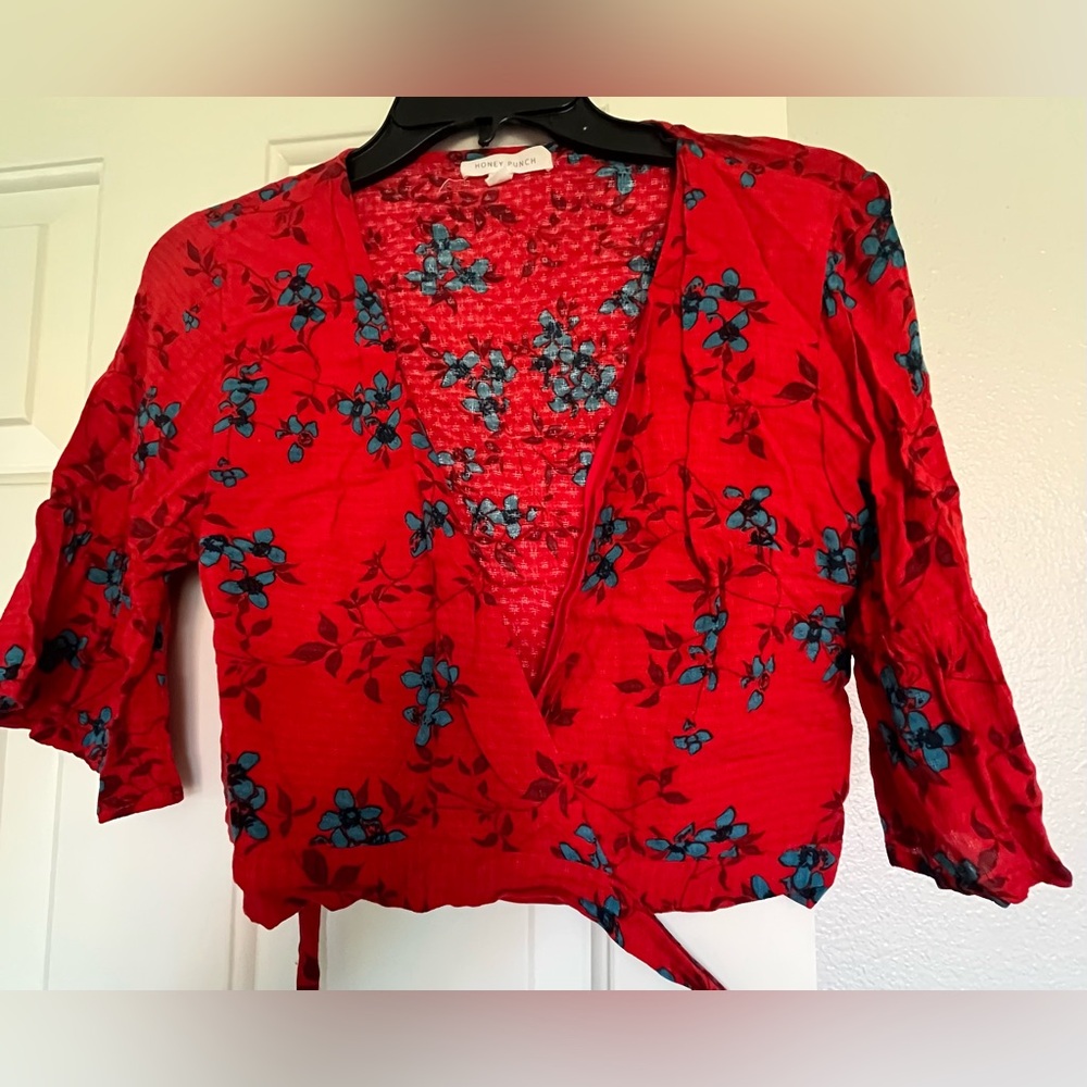 Red Floral Wrap Top